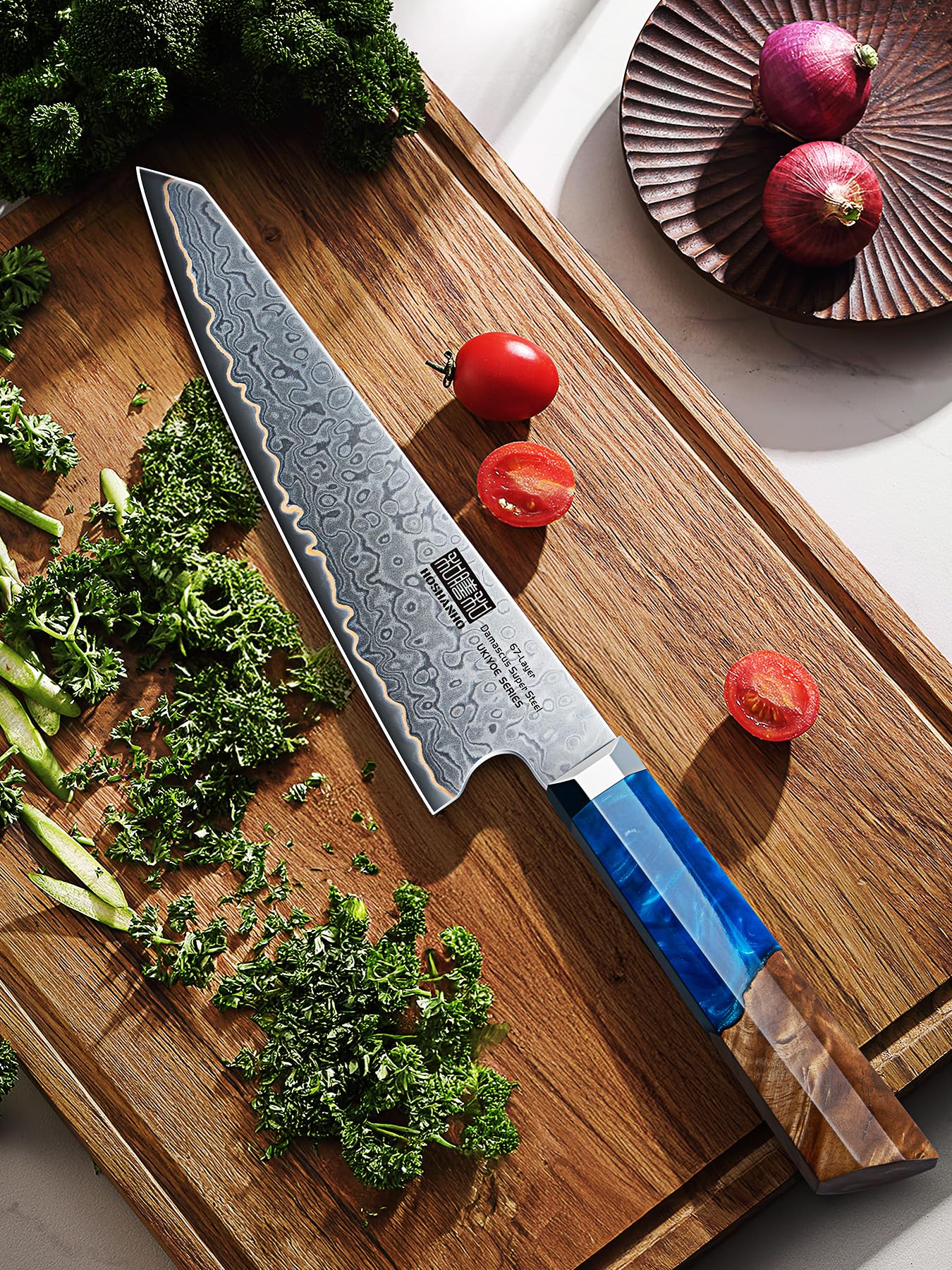 HOSHANHO Damascus Chef Knife 8 Inch, 67-Layer Damascus Super Steel Professional Kitchen Knife, Ultra Sharp Japanese Cooking Knives, Ergonomic Blue Resin Stabilized Wood Handle with Wood Gift Box