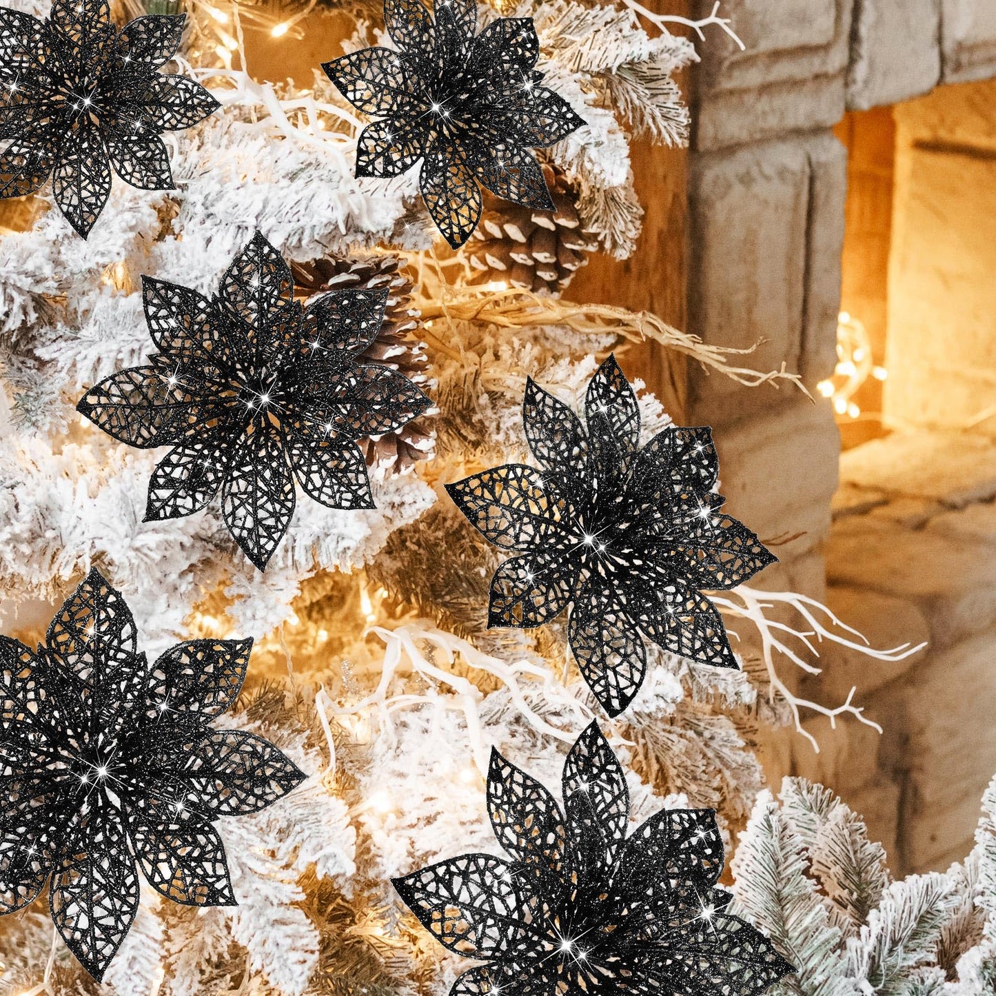 Boao Red,Silver 24 Pieces Poinsettia Flower Christmas Glitter Artificial Poinsettia with Clips Christmas Tree Ornament Decorations for DIY Xmas Wreath Holiday Home Party Decor, 3/4/6 Inches