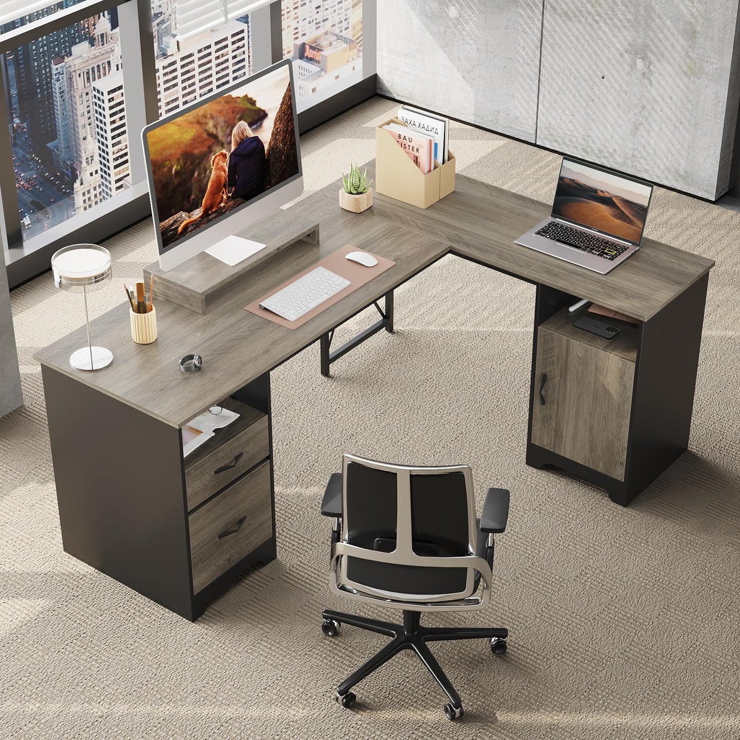 Bestier L Shaped Desk with File Drawers, 63" x 47" Office Computer Desk with Storage Cabinet, Corner Desk with Monitor Stand & Modesty Panel for Home Office, Gray