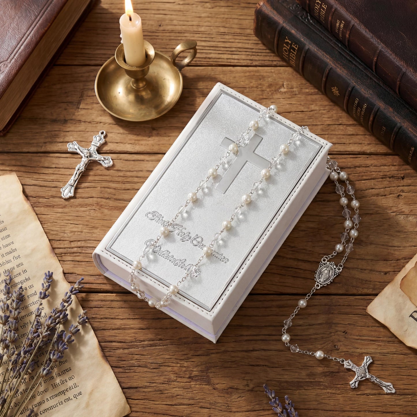 Liliaafar First Communion Rosary Beads Necklace Gifts with Engraved Keepsake Gift Box 20.5 Inch Stainless Steel Glass Beads Catholic Rosary with Cross for First Holy Communion