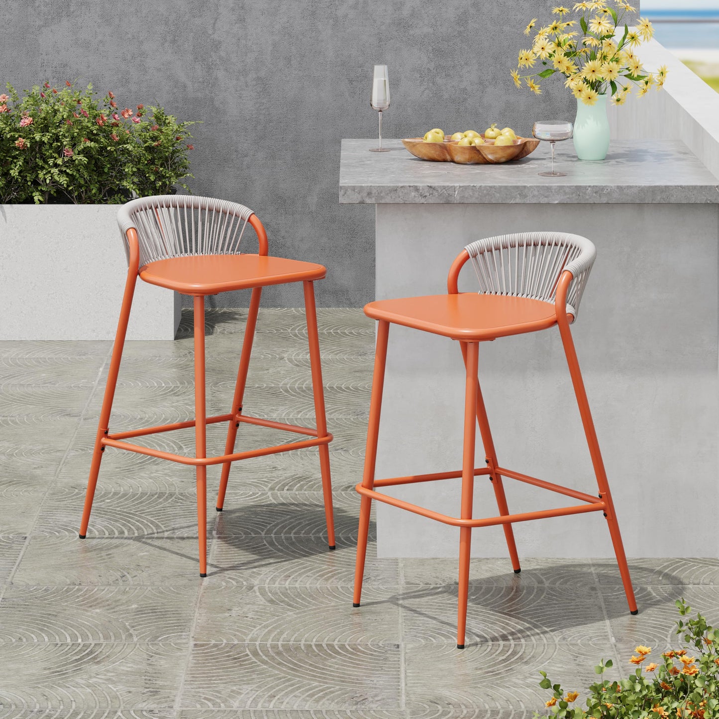 Christopher Knight Home Hearth 29.5" H Patio Barstools Set of 2, Aluminum Frame Barstool, Woven Rpoe Island Counter Stool, Scallop-Shaped Backrest Bistro Chairs for Balcony Backyard Garden, Orange