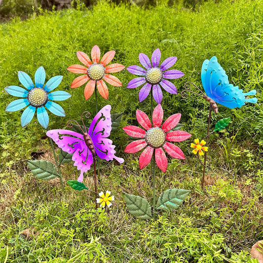 6Pack Metal Flowers for Outside，16.15 Inch Metal Flowers&Colorful Butterfly Decorative Garden Stakes for Spring Decor, Shaking Head Yard Art Garden Decorations for Outdoor Lawn Porch Pathway