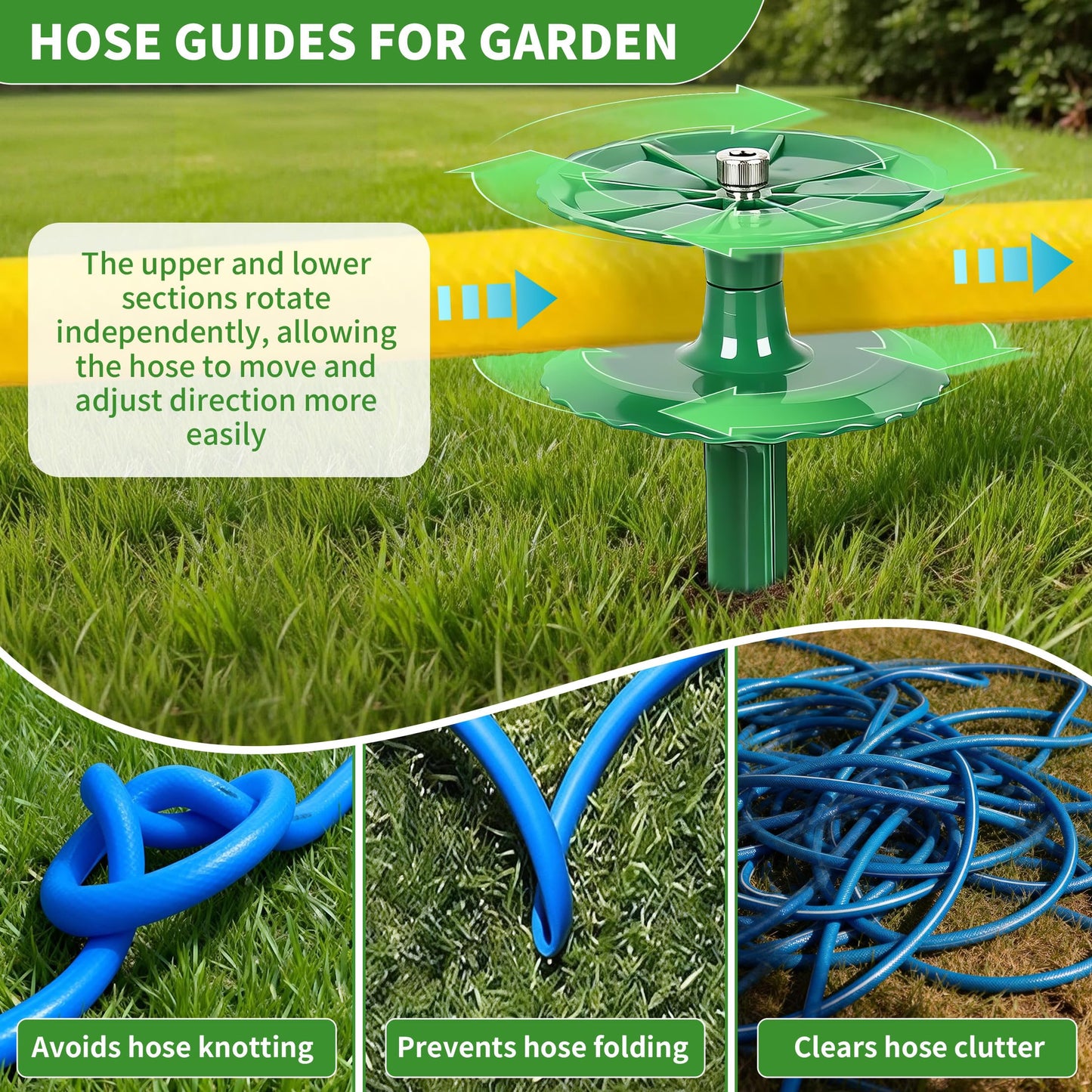 2 Pack 10 Inch Garden Hose Guide Stakes, Upgraded Reinforced Disc, Rotatable Double-Disk Sun Protection Heavy-Duty Plastic Stake, Hose Guard for Yard, Lawn & Flower Bed Landscaping (Green 2Pcs)