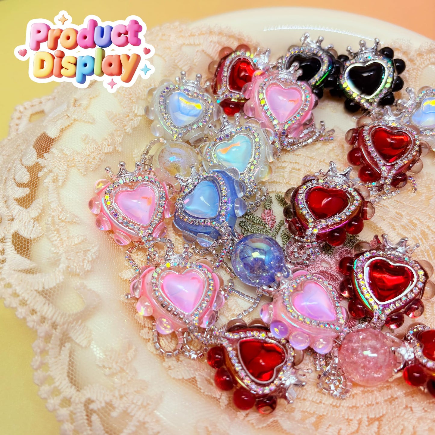 10pcs Rhinestone Focal Beads for Pens, Sparkling Heart-Shaped Designs with Tassels, Fancy Beads for DIY Jewelry Making Keychains Crafts Holiday Decorations (Heart-Shape-Focal Beads)