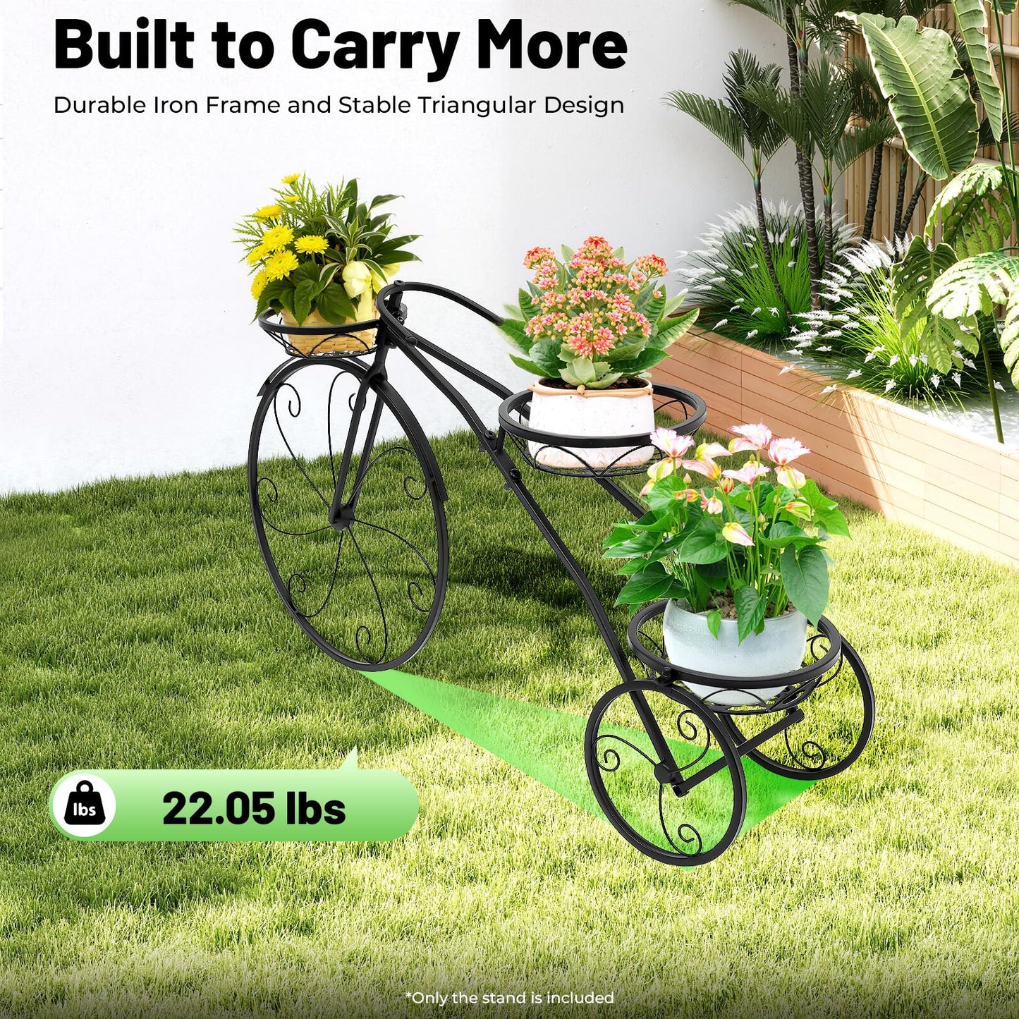 LXYIUTRW Bepritm Tricycle Bicycle Plant Stand, 3 Flower Baskets Flower Pot Cart w/ Wheels, Holder Patio Stand Holder Parisian Style Flower Display Stand Cart for Patio, Deck, Garden or Lawn