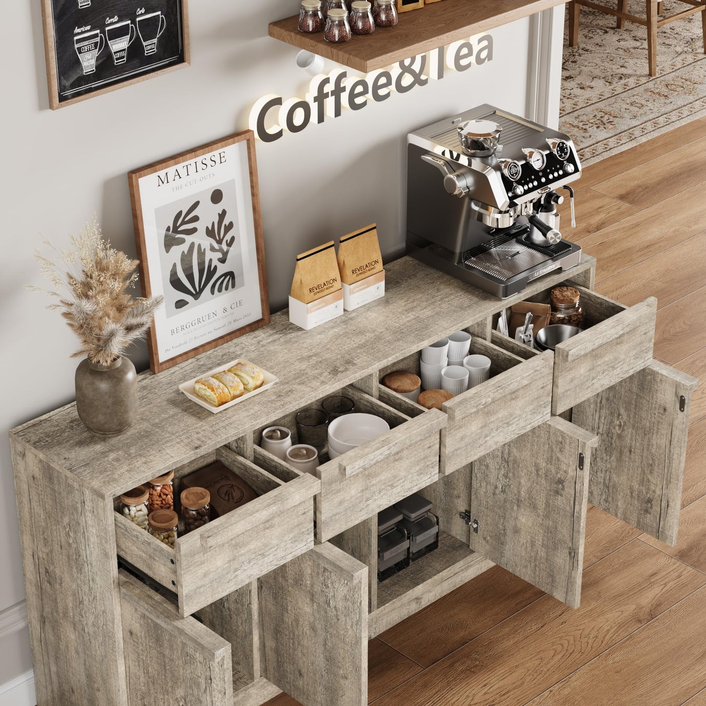 IDEALHOUSE Sideboard Buffet Cabinet with Drawers, Large Coffee Table, Modern Storage Buffet Table for Kitchen, Dining Room, Living Room