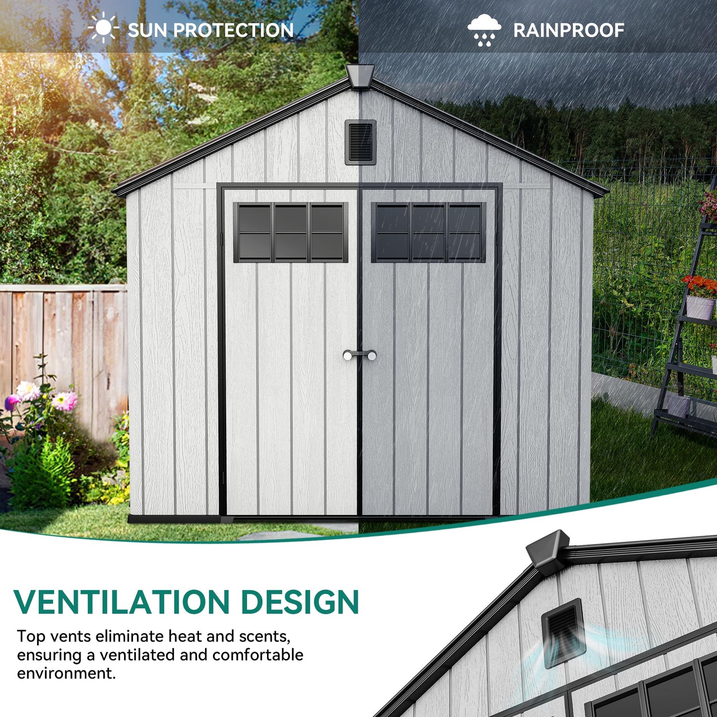 YITAHOME Large Outdoor Storage Shed 8x10 Ft, Extra Thick Plastic Storage Sheds with Floor, Lockable Doors, Vision Grid Windows, Vents, 16mm Heavy Duty Garden Storage for Bikes Mowers and Tools, Gray