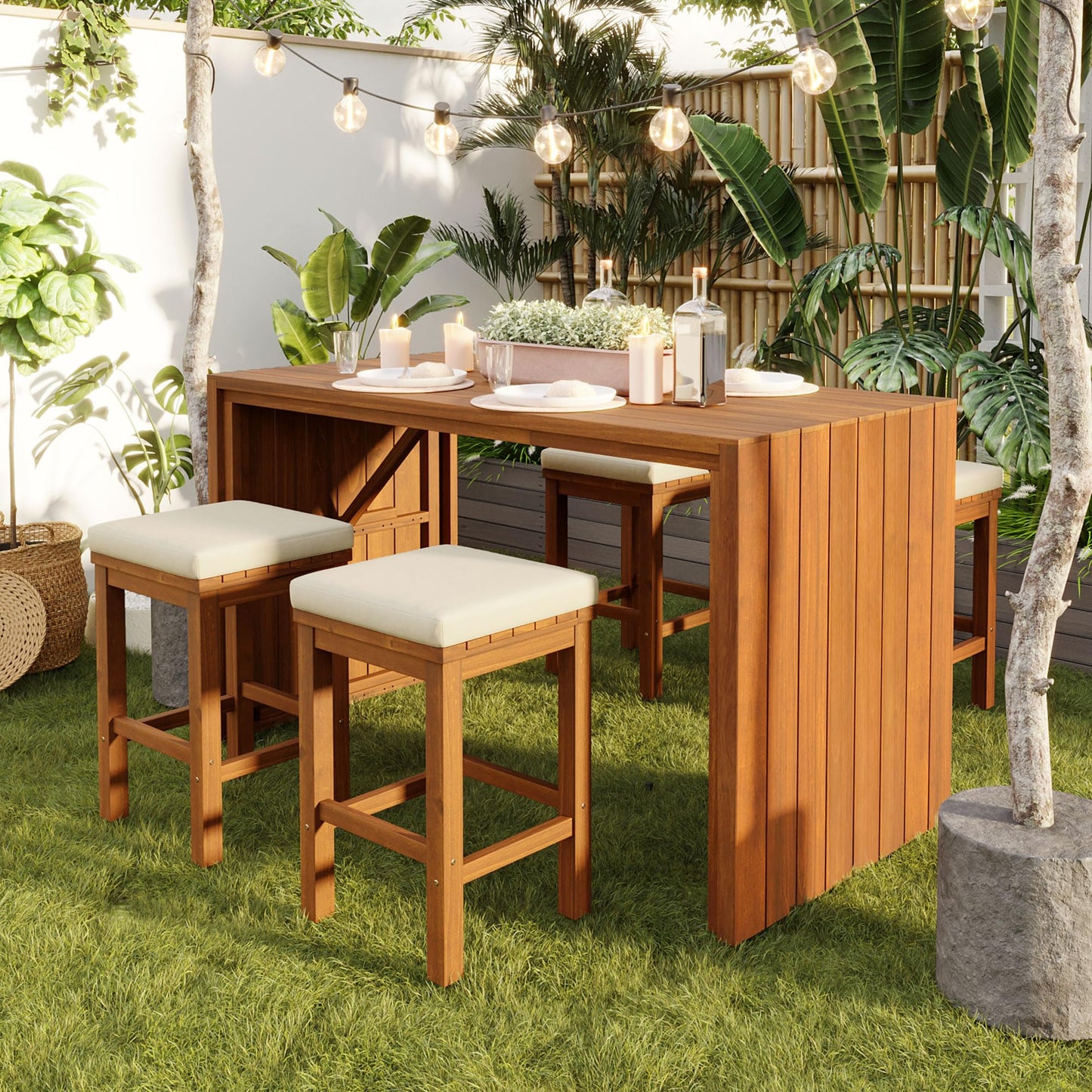 GDFStudio 5 Piece Outdoor Bar Table Set with 4 Stools, Patio Acacia Wood Bar Height Dining Furniture with Cushions, Natural Wood Counter Height Table & Chairs for Backyard, Balcony, Garden, Poolside