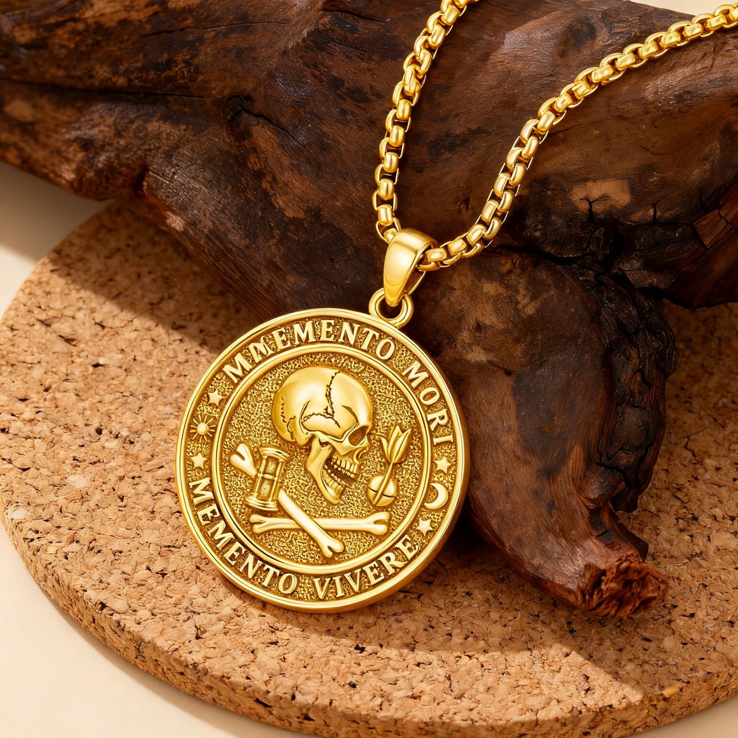 POIUY Memento Mori Necklace for Men Gothic Gold Skull Pendant Stoicism Mori Jewelry Tree of Life Amulet Protection Gifts for Men Women 22+2 Inch Chain