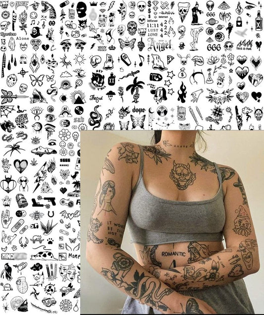 Impressed 48 Sheets Custom Unisex Ignorant Patchwork Temporary Tattoos - Small Semi Permanent Minimalist Black Fake Flash Tattoo for Women and Men - Micro Tiny Adult Hand, Sleeve, Finger Tat for Teens