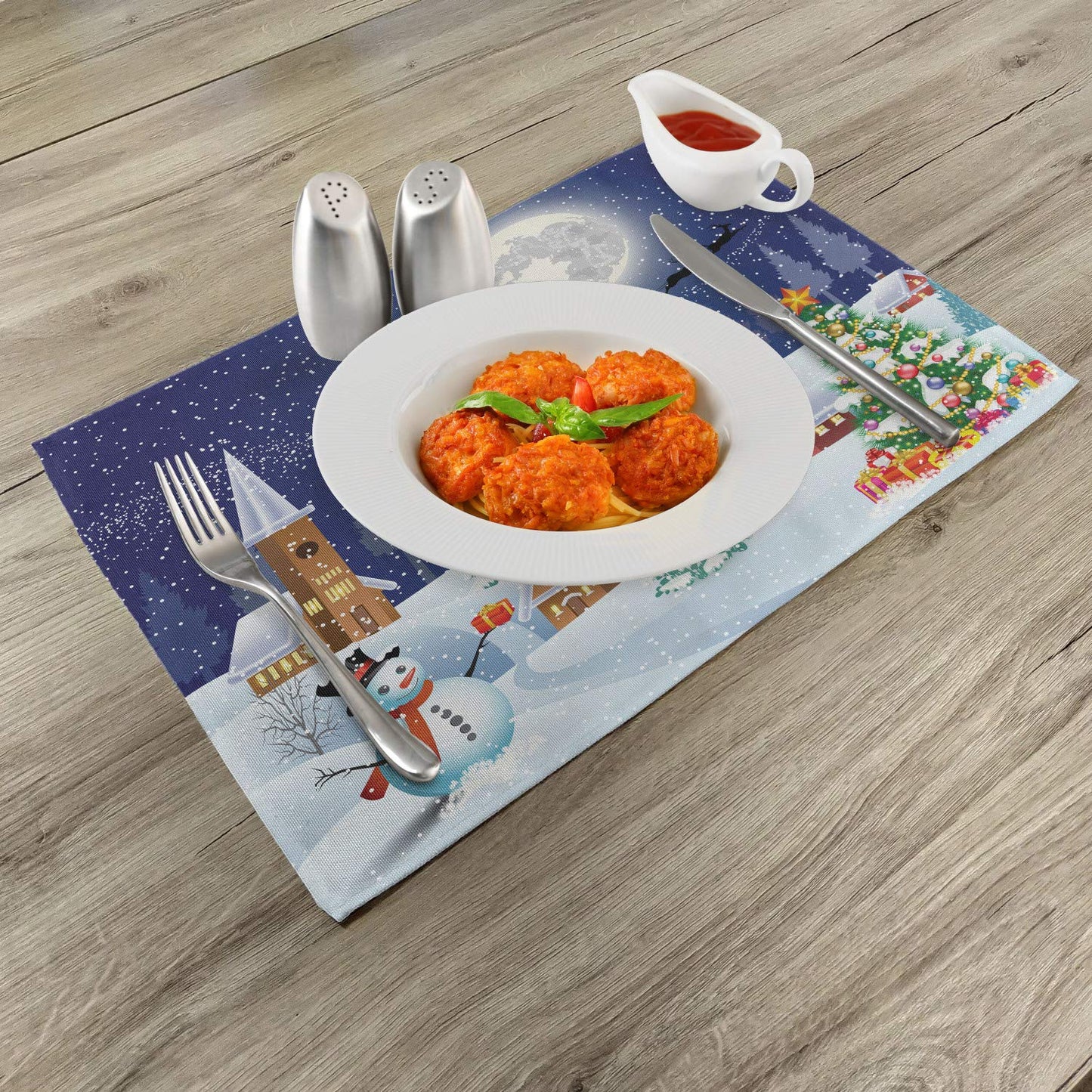 Ambesonne Christmas Place Mats Set of 4, Winter Season Snowman Xmas Tree Santa Sleigh Moon Present Boxes Snow and Stars, Washable Fabric Placemats for Dining Table, Standard Size, White Blue