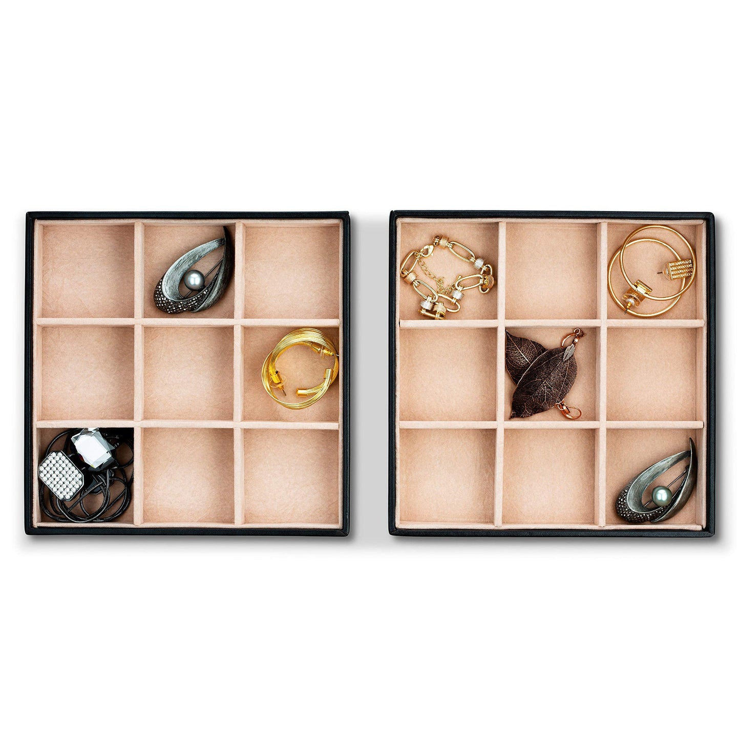 Glenor Co Jewelry Organizer Tray - Set of 2 - Stackable 18 Slots Jewelry Storage Trays - Display on Dresser or Drawer - Compatible with Other Trays - Black