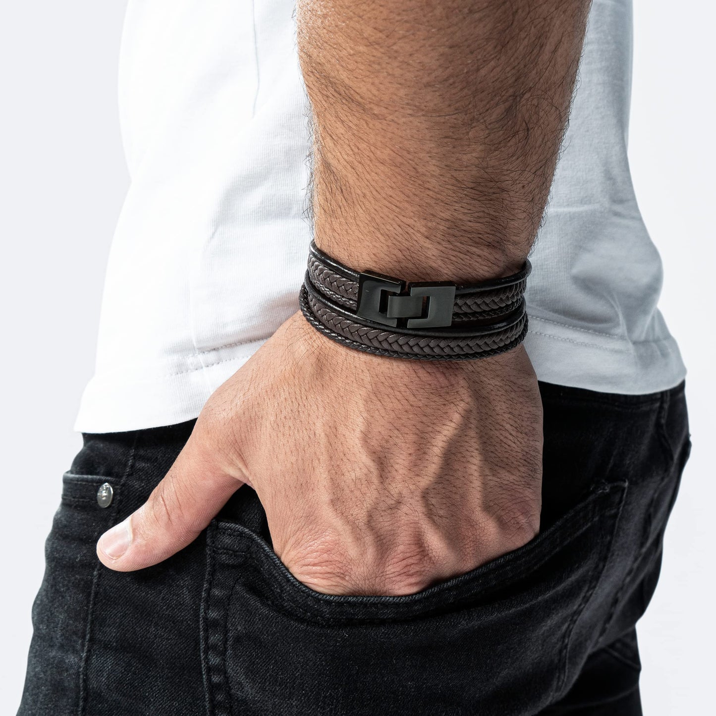 SERASAR Pulseras para Hombres 46cm Brown Leather Bracelets for Men Cowhide Gift Box Braided Bracelet Stainless Steel Jewelry Wrap Chain Idea