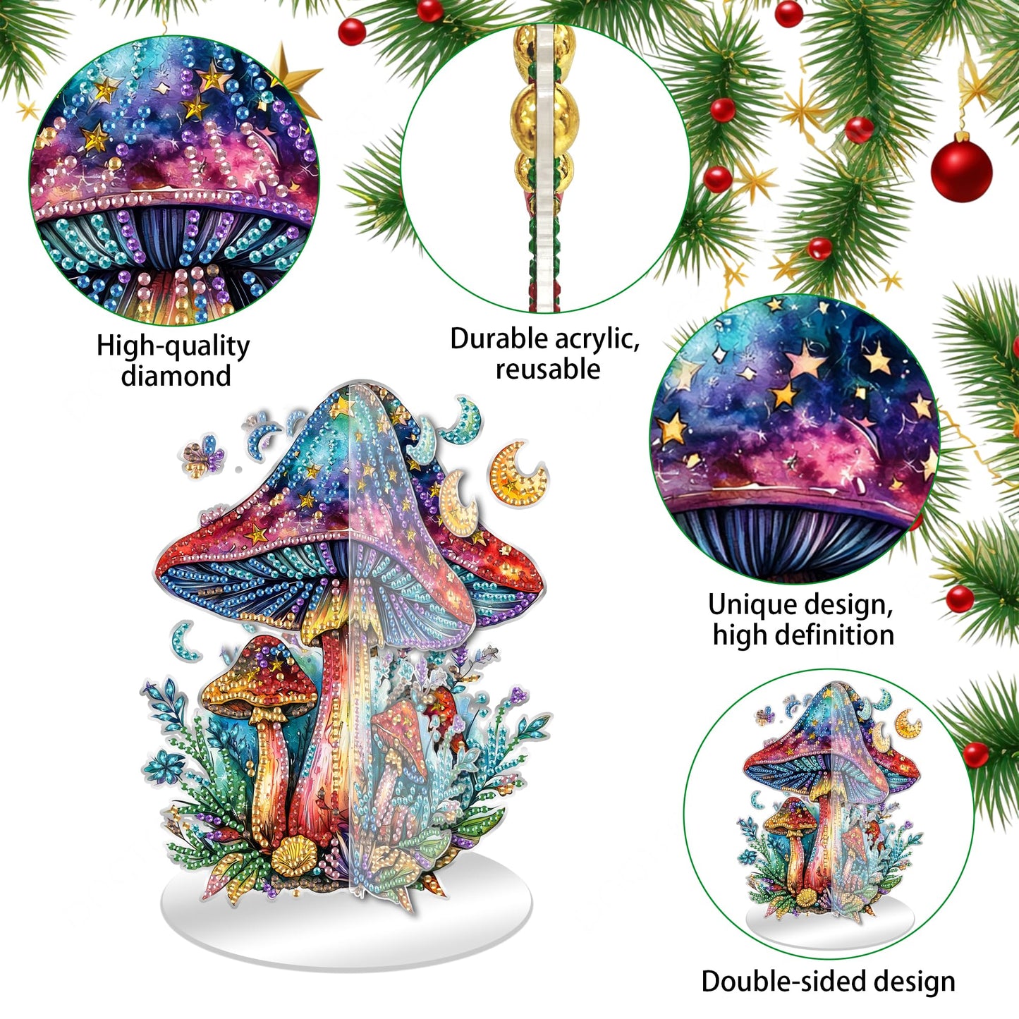 Ginfonr Tabletop Diamond Art Painting Kit, Double Sided Special Shaped Rhinestone Desk Placement Ornament, Mushroom Acrylic Easy-Assemble Home Stand Up 5D Gem Painting Craft Kit, Gift