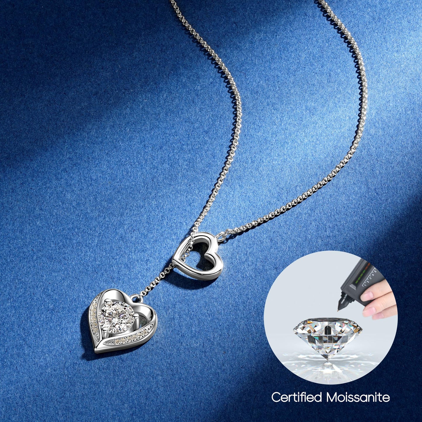 Moissanite Lariat Necklace for Women Heart Slip Y Shape 16-20 Inches Adjustable Long Chain Necklace 925 Sterling Silver Love Pendant Jewelry Gifts for Wife, Girlfriend, Mom, Birthday, Anniversary Present