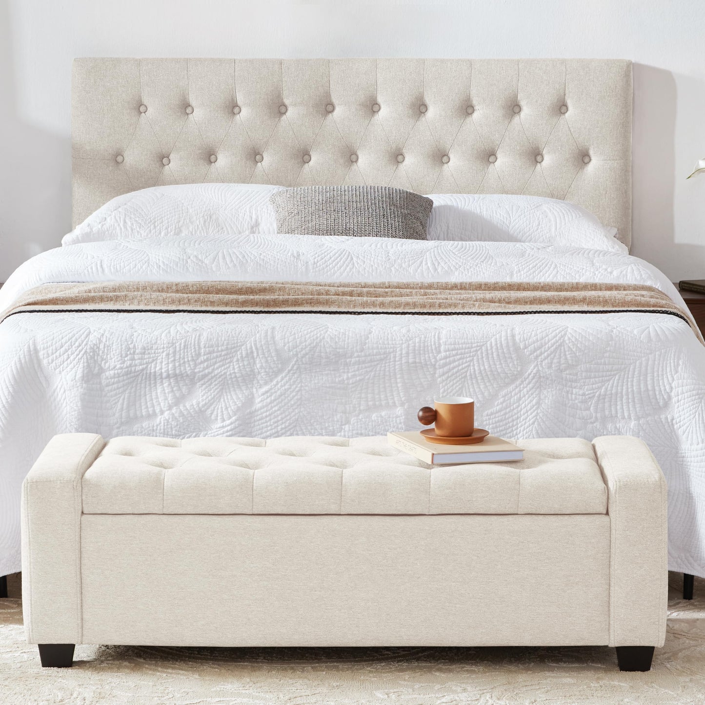 Huatean Home 48" Ottoman with Storage, Storage Ottoman Bench with Safety Hinge, Upholstered Entryway Bench with Seating for Bedroom, Living Room, Holds up to 330 lb, Beige