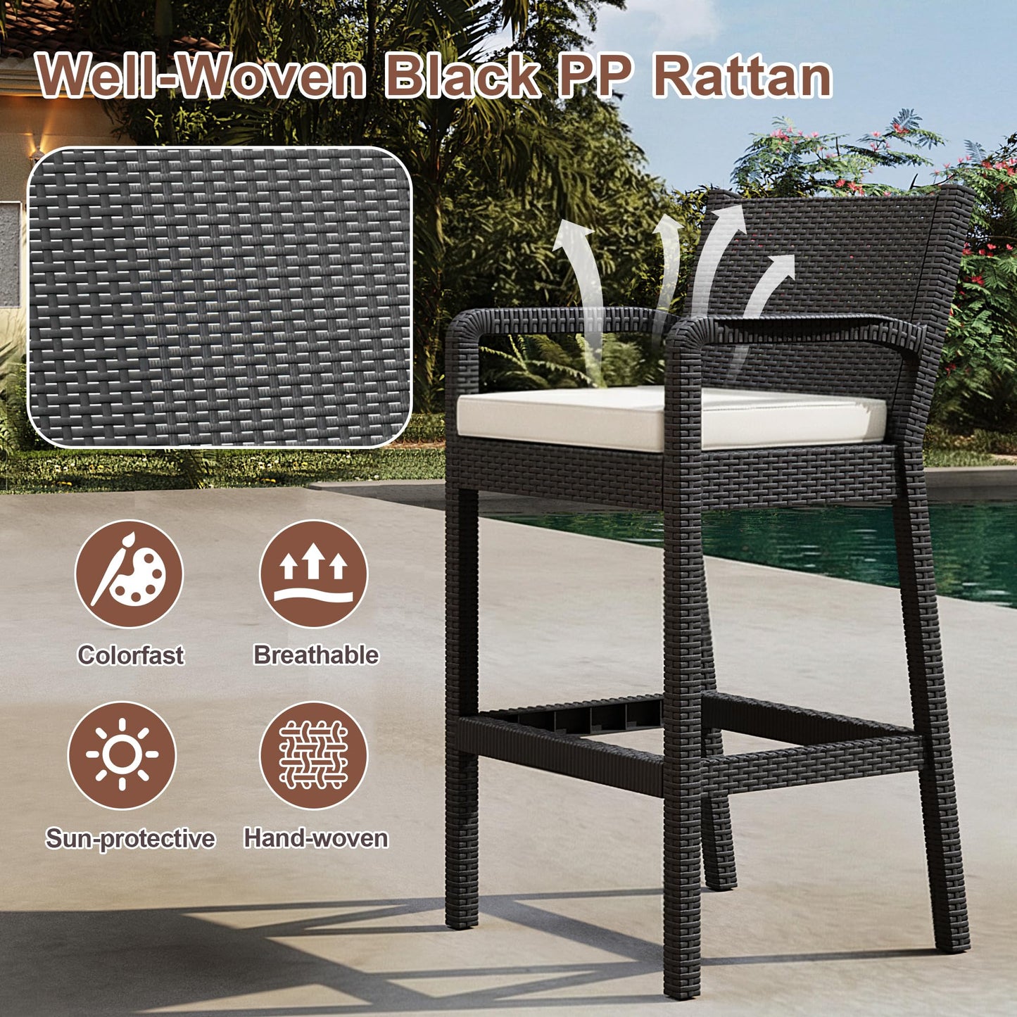 Patio Wicker Bar Stools Set of 4, 30'' Outdoor Counter Height Barstools with Thickened Cushions, All-Weather Wicker Rattan Bar Chairs with Backrest & Footrest for Backyard, Pool, Balcony, Beige