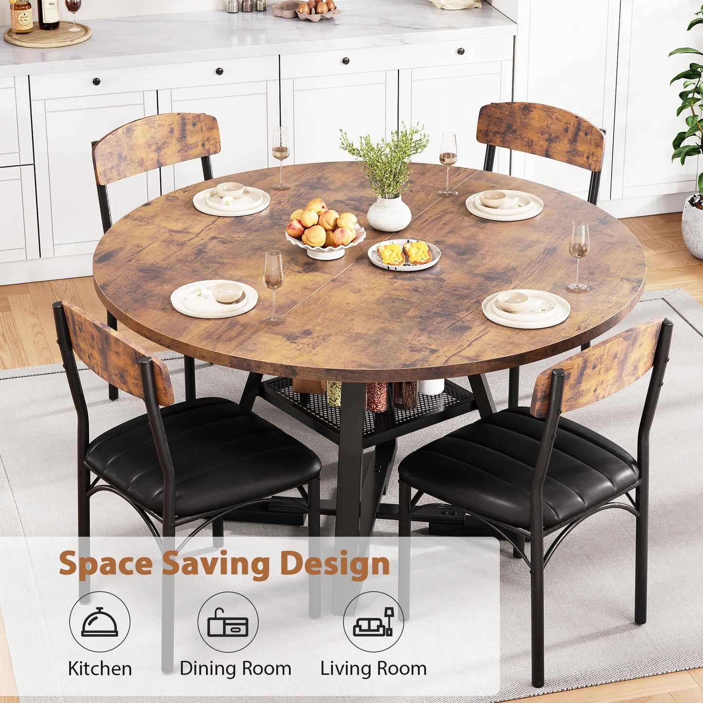 Dining Table Set for 4,Kitchen Table and Chairs for 4, Round Dining Room Table with Upholstered Chairs, 5 Piece Space Saving Circle Wood Kitchen & Dining Room Dinner Dinette Table Set (Vintage, 51In)