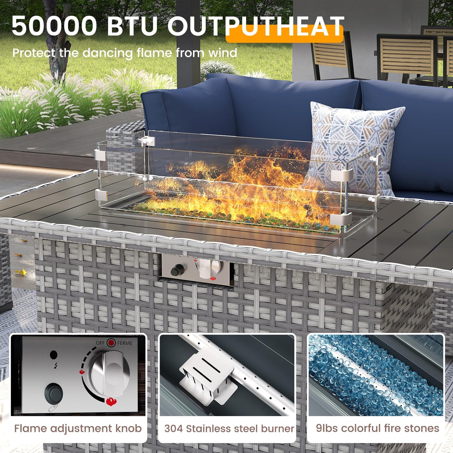 UDPATIO Patio Furniture Set with Fire Pit Table, 8 Pieces Outdoor Sectional Sofa, PE Wicker Patio Conversation Set for Garden, Backyard (Blue Cushions with Grey Rattan)