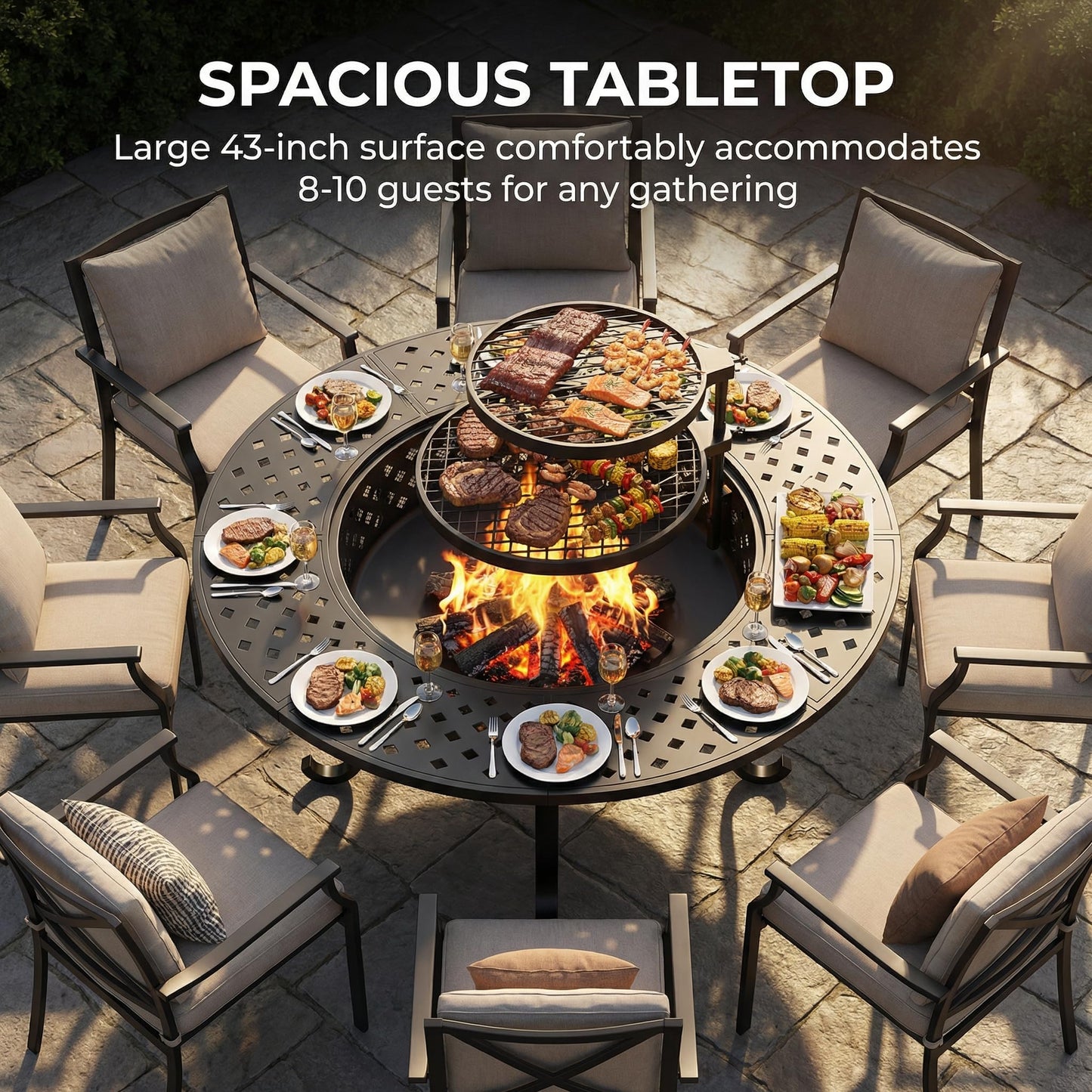 Outdoor Fire Pit, 43" Fire Pit for Outside Wood Burning with Adjustable 2 Grills, Outdoor Fireplace with Lid and Fire Poker, BBQ, Bonfire, Round Firepit 3 in 1 for Patio, Backyard, Garden, Black
