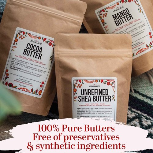 Better Shea Butter Set of Raw Shea Butter, Raw Mango Butter, Unrefined Cocoa Butter For Soap Making and DIY Body Butters, Lip Balms, Body Lotions - Each Jar is 8 oz Making 24 oz Total (3-Bar Set)