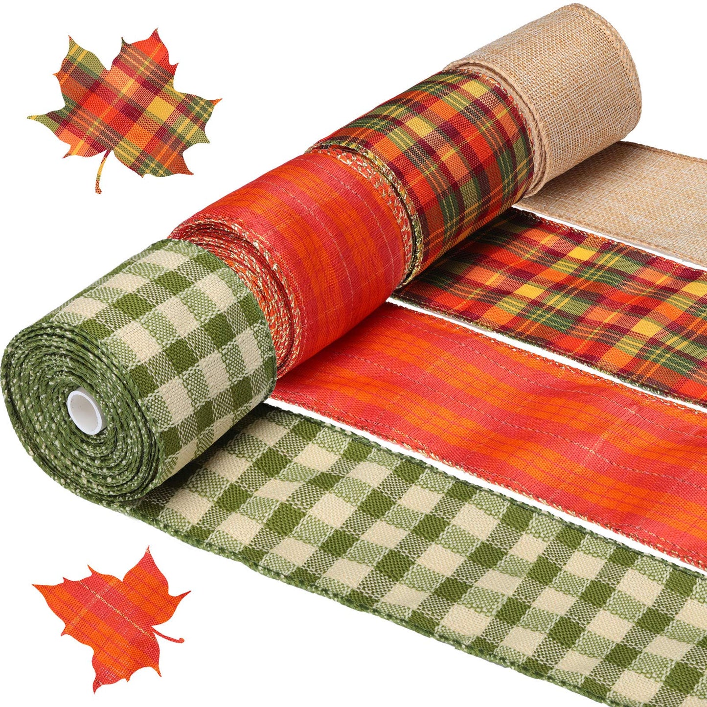 Syhood 4 Rolls Fall Ribbons 2.5″ Thanksgiving Plaid Burlap Wired Edge Ribbons for Autumn Gifts Wrapping DIY Crafts Floral Bows Wreath Making Supplies Decoration, 24 Yards in Total, 4 Styles