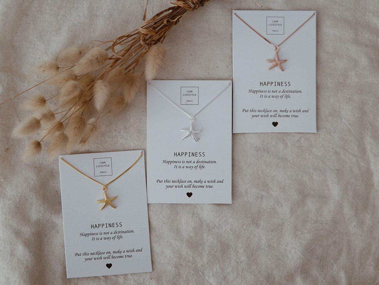 LUUK LIFESTYLE Necklace in 925 sterling silver with starfish pendant and HAPPINESS gift card, jewelry for daily wear, festival, special occasions, 19” adjustable chain, strong and durable, silver
