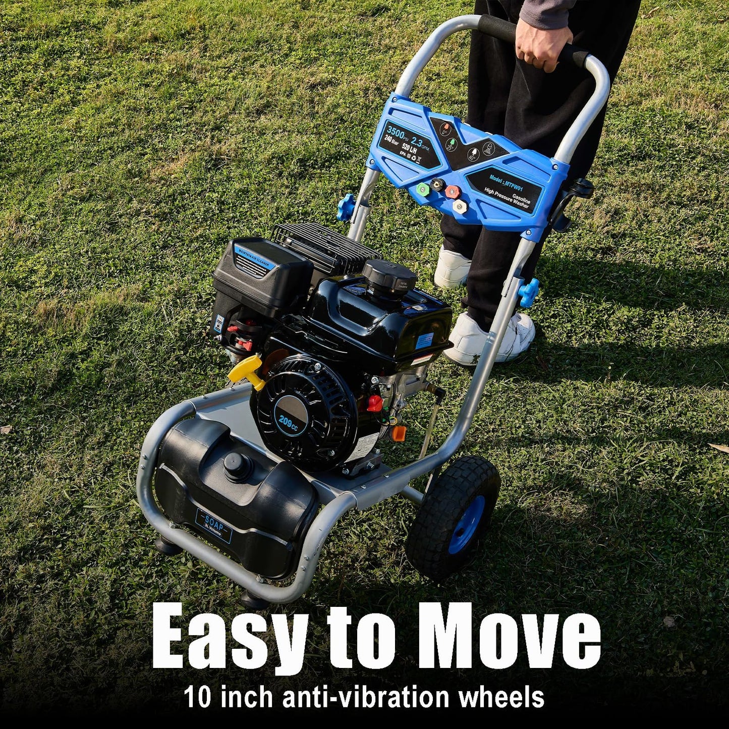 Gas Powered Pressure Washer 3500 PSI, 2.3 GPM Heavy Duty High Power Washer,209CC 7HP Engine with 25Ft Pressure Hose, Axial Aluminum Pump, Soap Tank, 4 Quick Connect Nozzle (Blue)