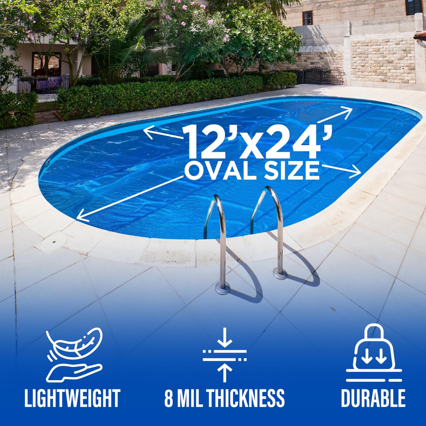 Shop Square 12' x 24' Oval Solar Cover for Inground and Above Ground Pool, 8 Mil - Premium Heavy Duty Solar Blanket for Above Ground Pool, Blue - Made in USA