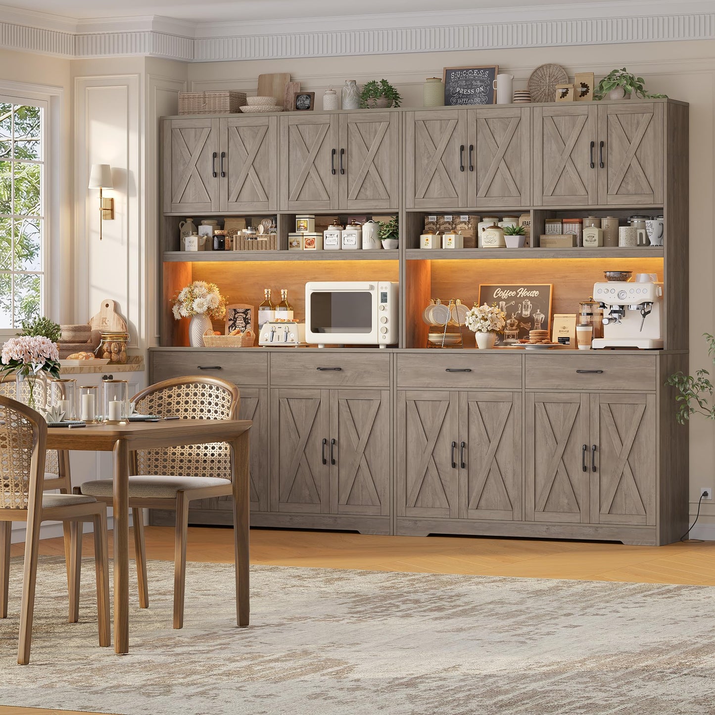 HOSTACK Modern Farmhouse Pantry Cabinet, 75" Tall Kitchen Pantry Storage Cabinet with Charging Station, RGB LED Light, Multi-Purpose Kitchen Storage Hutch Cabinets with Adjustable Shelves, Ash Grey