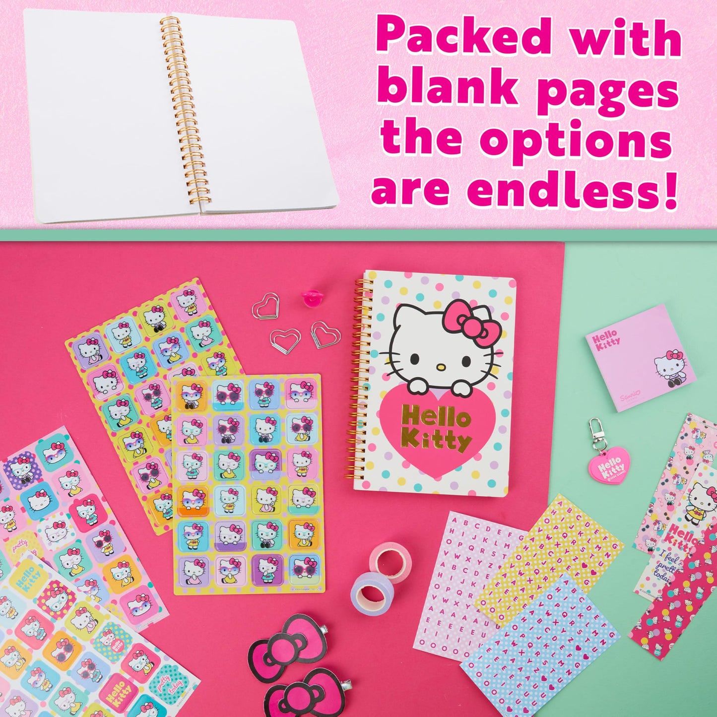 Hello Kitty Sanrio DIY Journal Kit for Girls Tweens, A5 Spiral Notebook with Stickers, Stationery Set, Cute Art & Crafts Supplies, Diary Set, Kawaii Anime Gifts for Girls (Pink Hello Kitty)