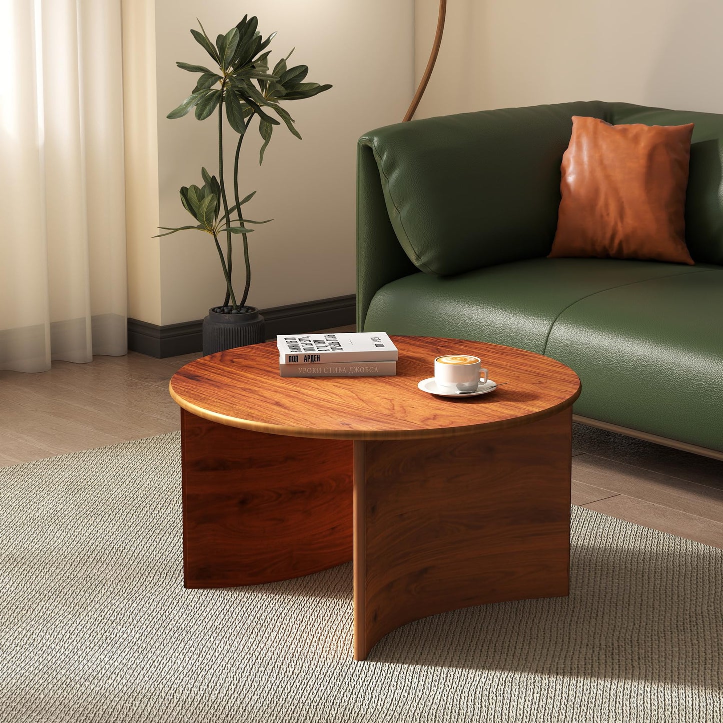 31.5" Mid Century Modern Coffee Table for Living Room, Round Table with Rubber Legs, Small Unique Cocktail Tea Table for Living Room Bedroom Apartment Small Space, Walnut