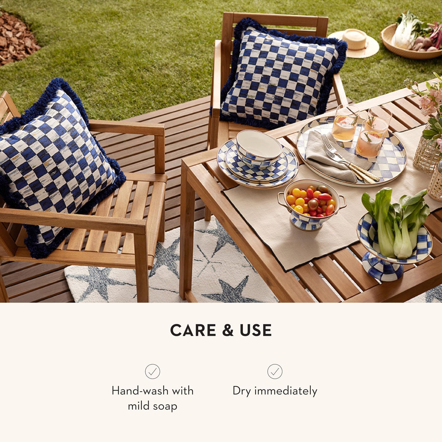 MACKENZIE-CHILDS Enamel Round Tray, Unique Serving Platter for Food and Drinks, Blue-and-White Royal Check