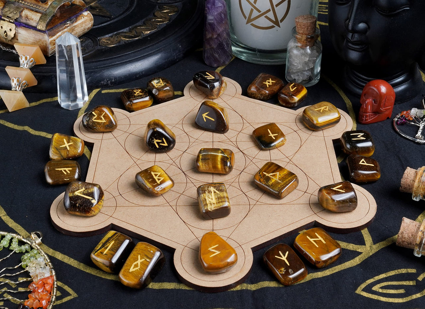 Crocon Tiger Eye Gemstone Tumbled Rune Stones with Elder Futhark Alphabet Engraved 25 pcs Runes Set Crystal Divination Healing Chakra Reiki with a Pouch & A Rune brochure Size : 15-25 mm