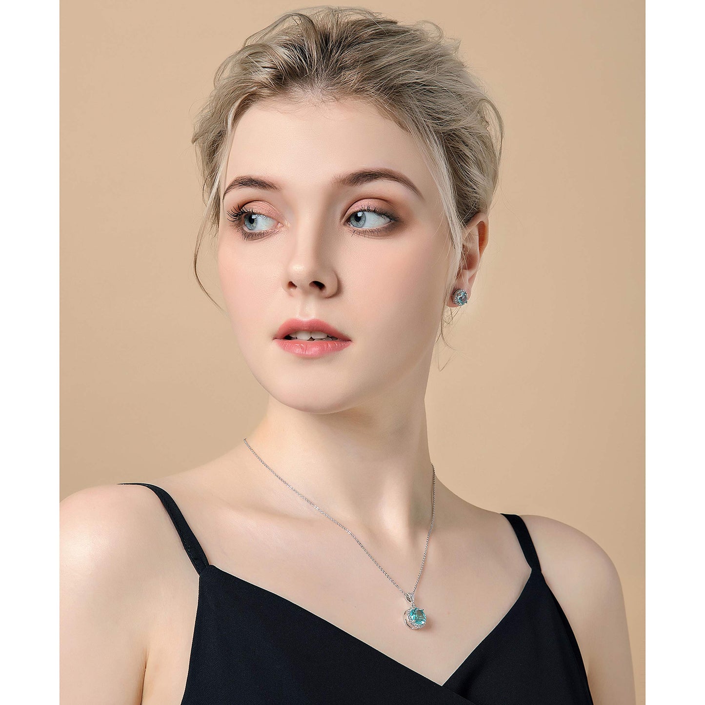 AMYJANE Crystal Jewelry Set for Women - Sterling Silver Round Aquamarine Cubic Zirconia Bridal Pendant Necklace Earrings Set for Wedding Bride Bridesmaids Birthstone Jewelry Sets