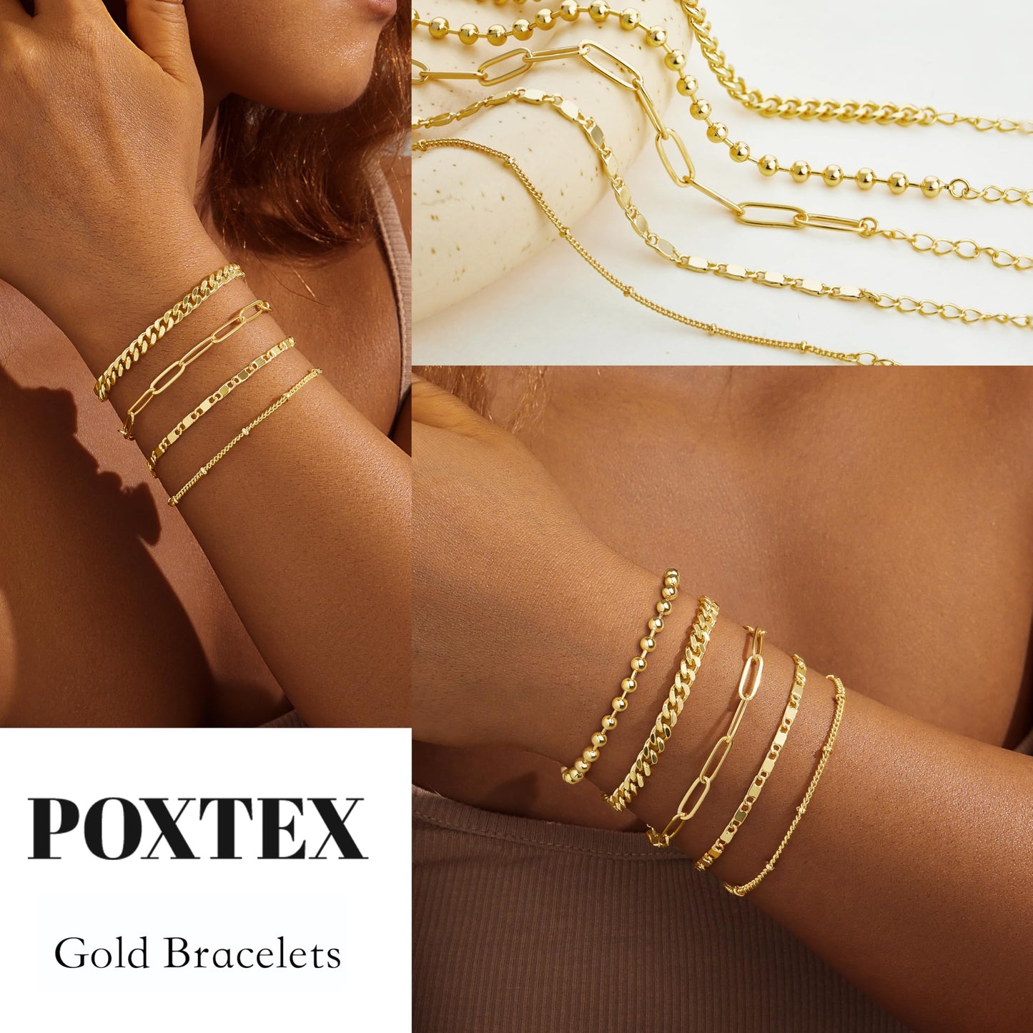 Poxtex Gold Bracelets for Women Trendy, 5pcs Dainty Stackable Bracelets for Women Waterproof, 14k Real Gold Bracelets Stack With Beaded Cuban Paperclip Satellite Mirror Chain, Gold Jewelry Set Gifts