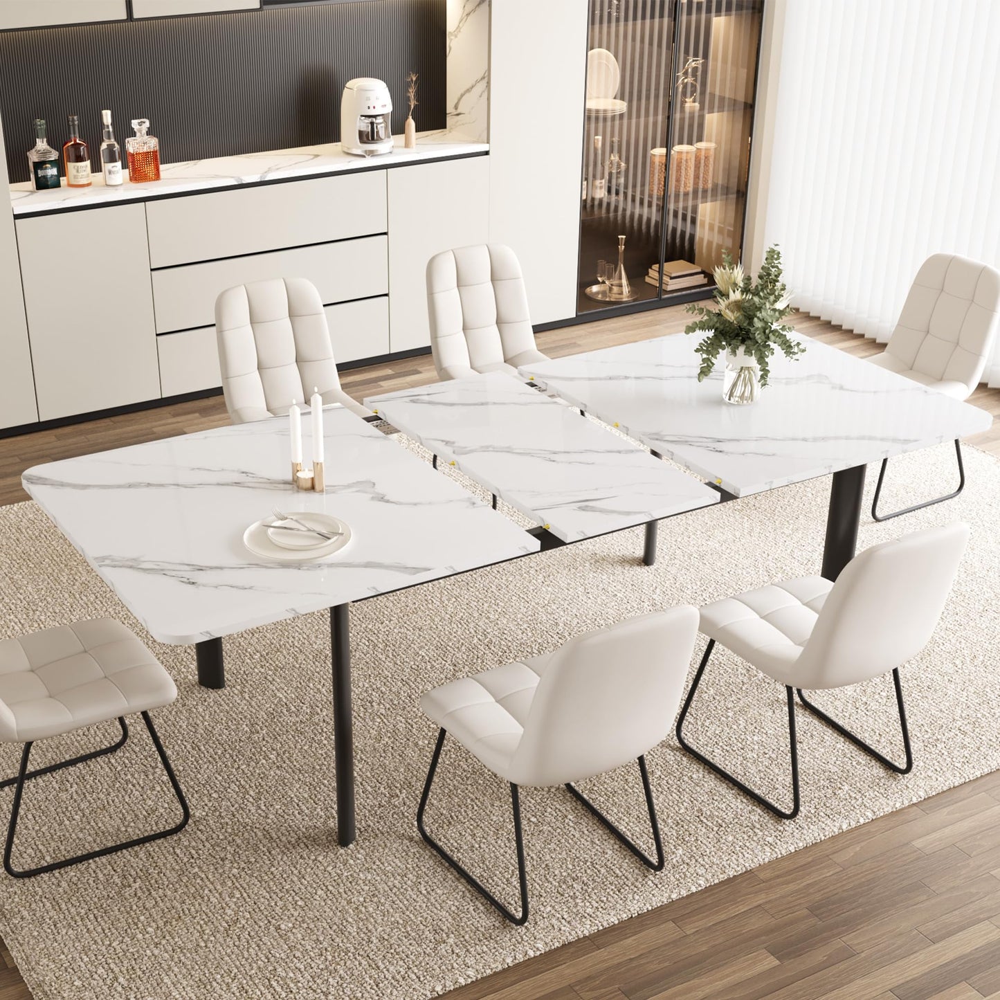 HIPIHOM Extendable Dining Table Set for 6-8 People, 63 to 78.7 Inch MDF Kitchen Table with 6 Upholstered Chairs, Space-Saving for Dining Room, Breakfast Nook(White Table & 6 U-Shaped White Chairs)