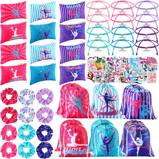 Abbylike 49 Pcs Gymnastics Party Favor Set 12 Makeup Bag 12 Bracelet 12 Drawstring Backpack 12 Hair Ties 1 Set Gymnastic Stickers for Women Girl Gym Sport Yoga