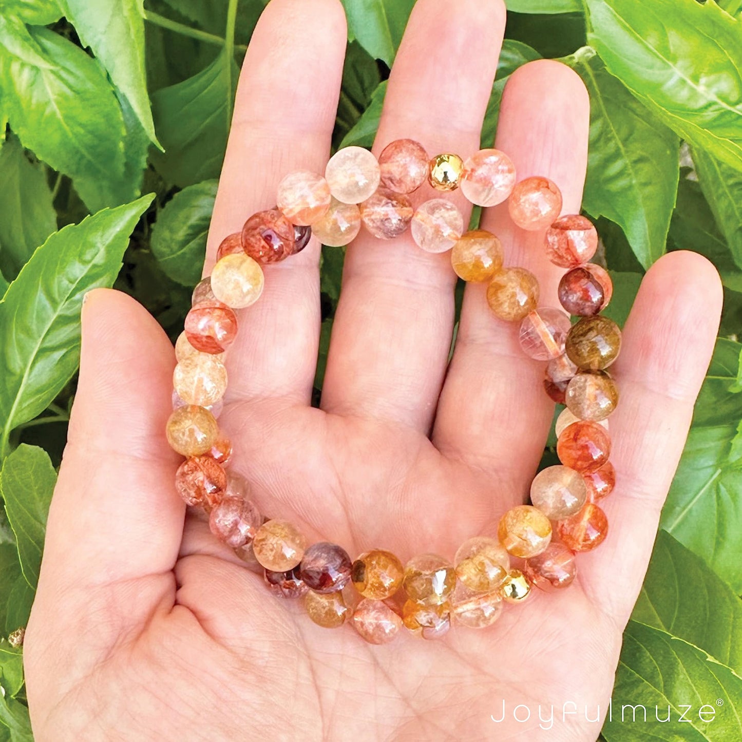 Joyfulmuze Natural Floral Crystal, Pink Yellow Orange Summer and Fall Stretch Bracelet, Handmade Gift for Women and Men, Round Beads 8mm 7" wrist (Floral-Crystal)