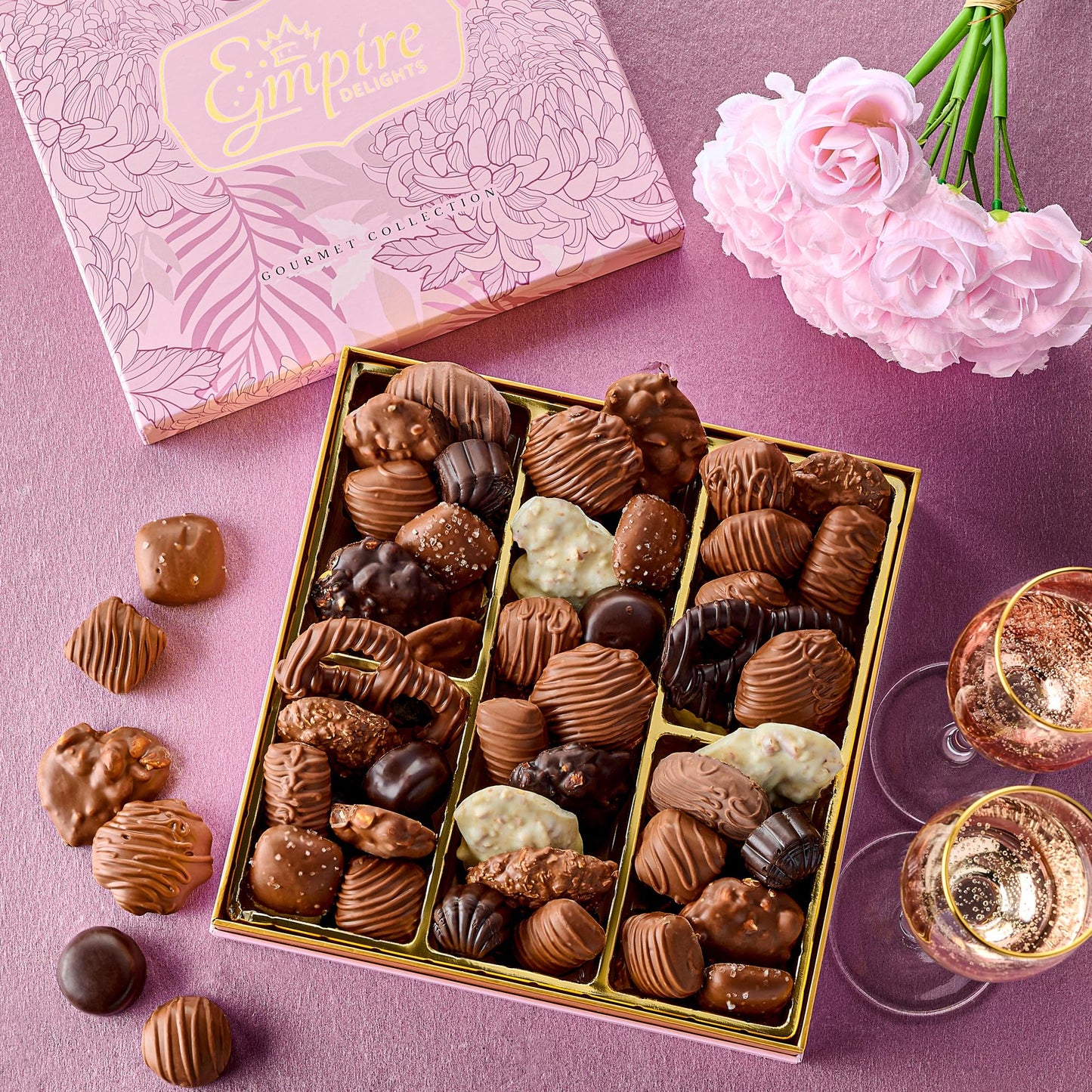 Chocolate Gift Box with Assorted Gourmet Chocolate - Pink Floral Gift Box - Food Gift Basket for Women - Birthday, Thank You, Present Idea for Her, Holiday Gift Baskets by Empire Delights