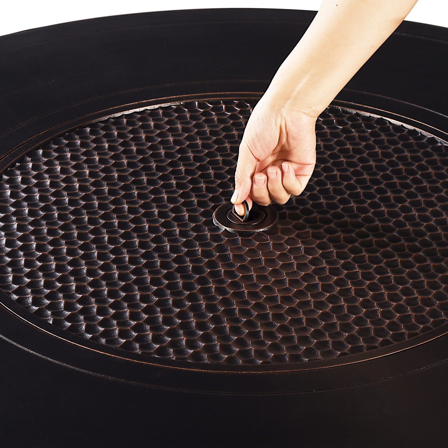 Oakland Living AZMATERA-FPT-AC Aluminum 44 in. Round Propane Beads, Lid and Fabric Cover Finish Outdoor fire Table, Antique Copper