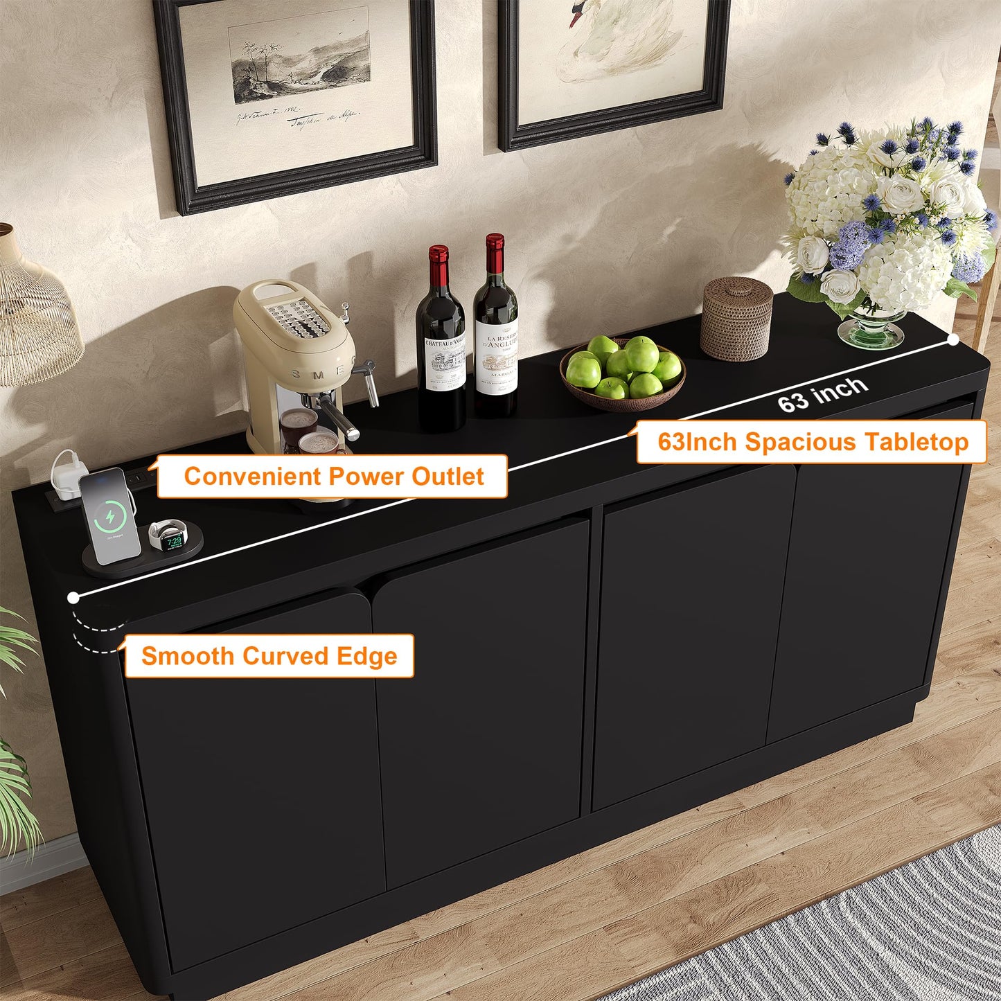 knoworld Buffet Cabinet with Storage, Outlet & Adjustable Shelves, Sideboard Cabinet with Double-Arc Doors, Classic Modern Wood Console Table & Credenza for Dining Room & Entryway