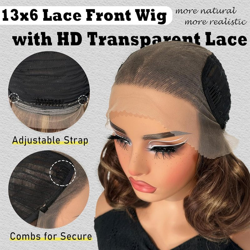 **SOKU 13x6 Lace Front Wavy Wig - 12 Inch Short Synthetic Wig for Black Women | Highlight Brown, Pre-Plucked, Glueless**