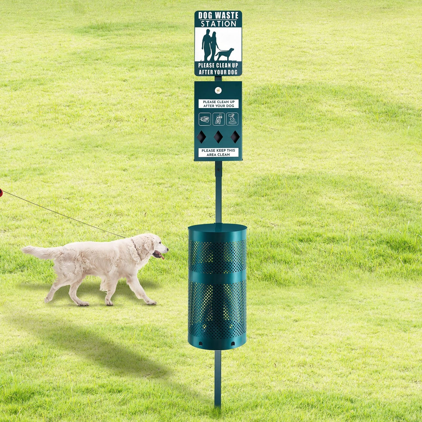 Qinyoung Dog Waste Station Galvanized Steel Outdoor Pet Bin with Poop Bag Dispenser Reflective Sign Rust Proof for Backyard Commercial Park(Green)