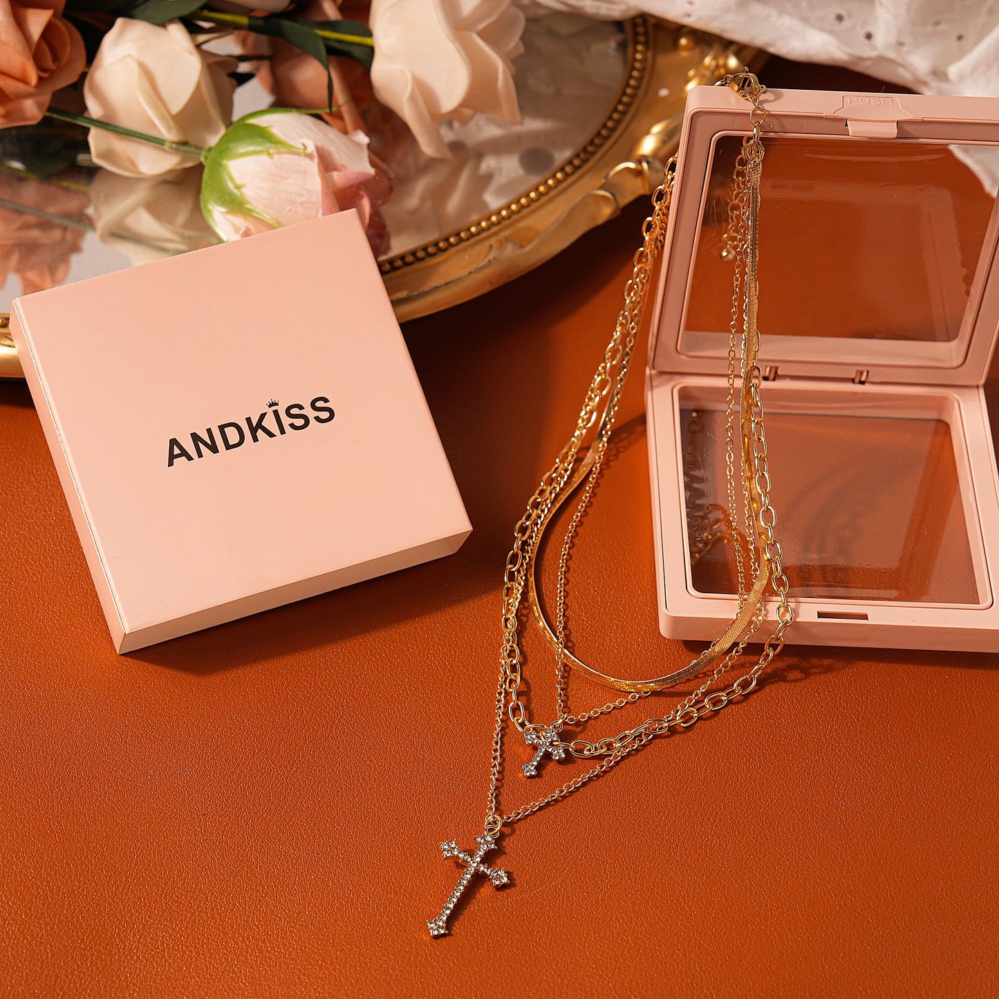 ANDKISS Gold Cross Necklace for Women - Gold Plated Layered Necklace Stack Snake Chain CZ Diamond Cross Pendant Necklaces Jewelry for Women Valentine's Day Gift Trendy
