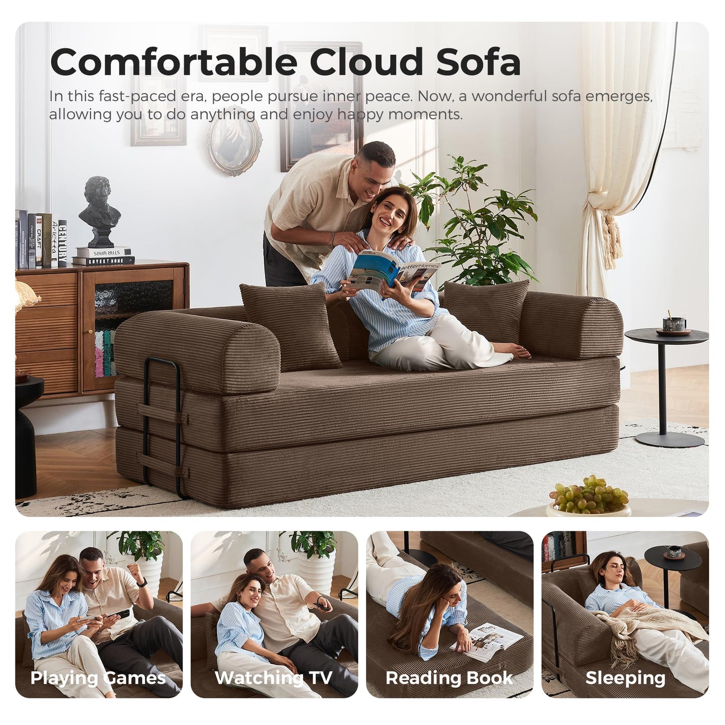 Bsxupke 5-in-1 Convertible Sofa Bed | 79" Fixed Frame with High-Resilience Memory Foam, Easy Setup | Durable Corduroy Converts to Full Bed, Great for Family Living Room (Brown)