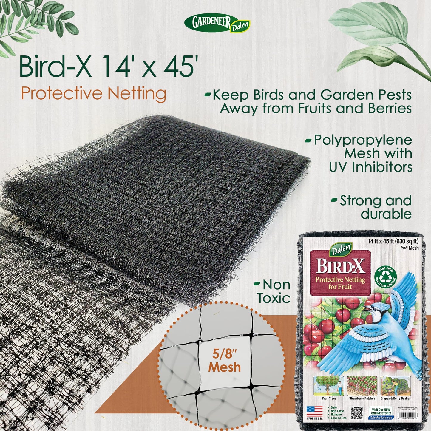 Dalen Bird-X Protective Mesh Netting for Fruit Trees, Berries, Vegetables - 14 ft x 45 ft, Black Garden Netting, 5/8-inch Mesh - Helps Deter Birds & Garden Pests, Made of Weather-Resistant Plastic