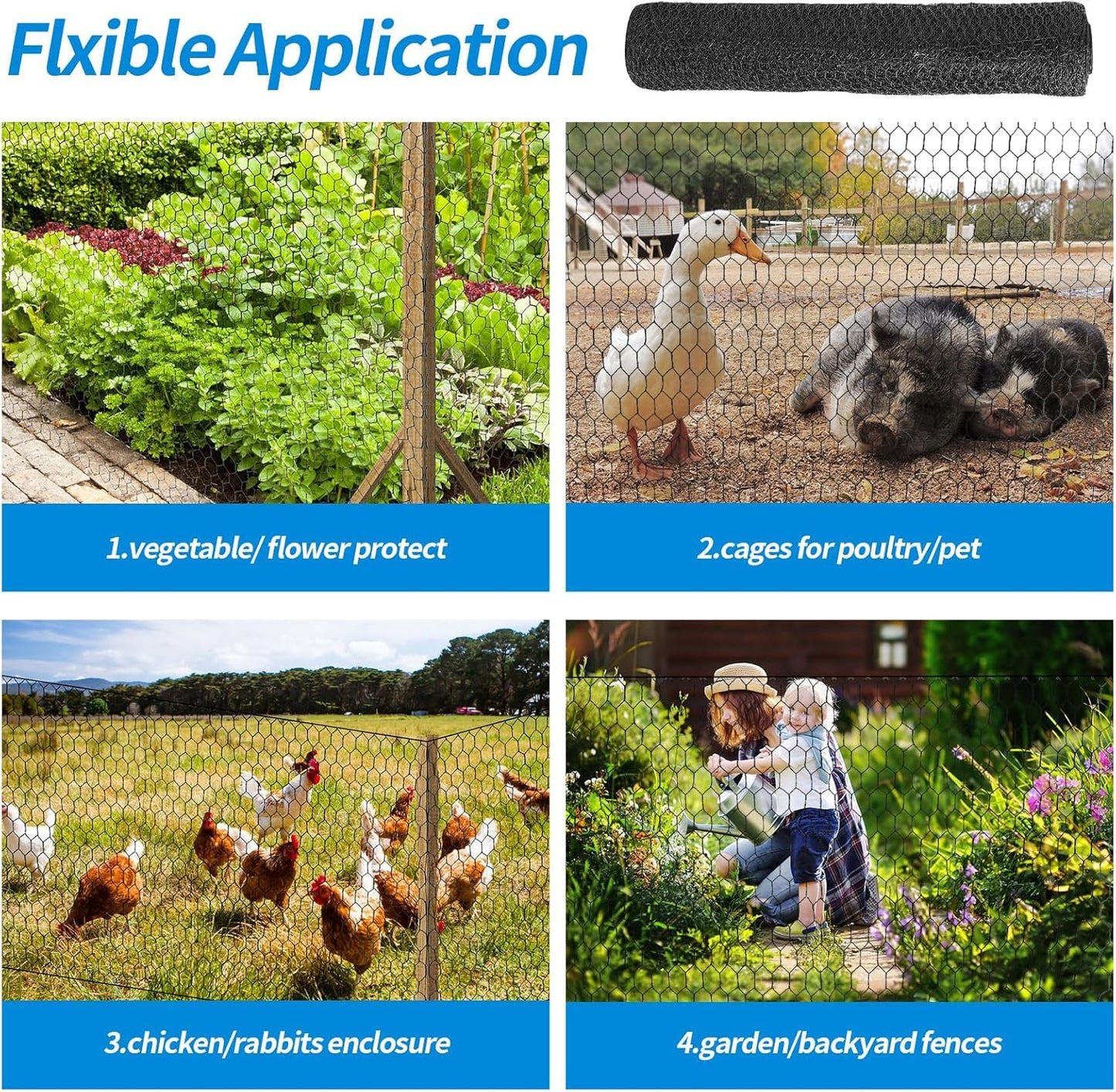 DOLEMODUO 12'' x 50' Black Chicken Wire Fencing, 1 inch Chicken Wire and 19 Gauge Poultry Netting, Garden Mesh Fence Roll for Floral Arrangements/Crafts/Farm/Livestock/Pet Protection