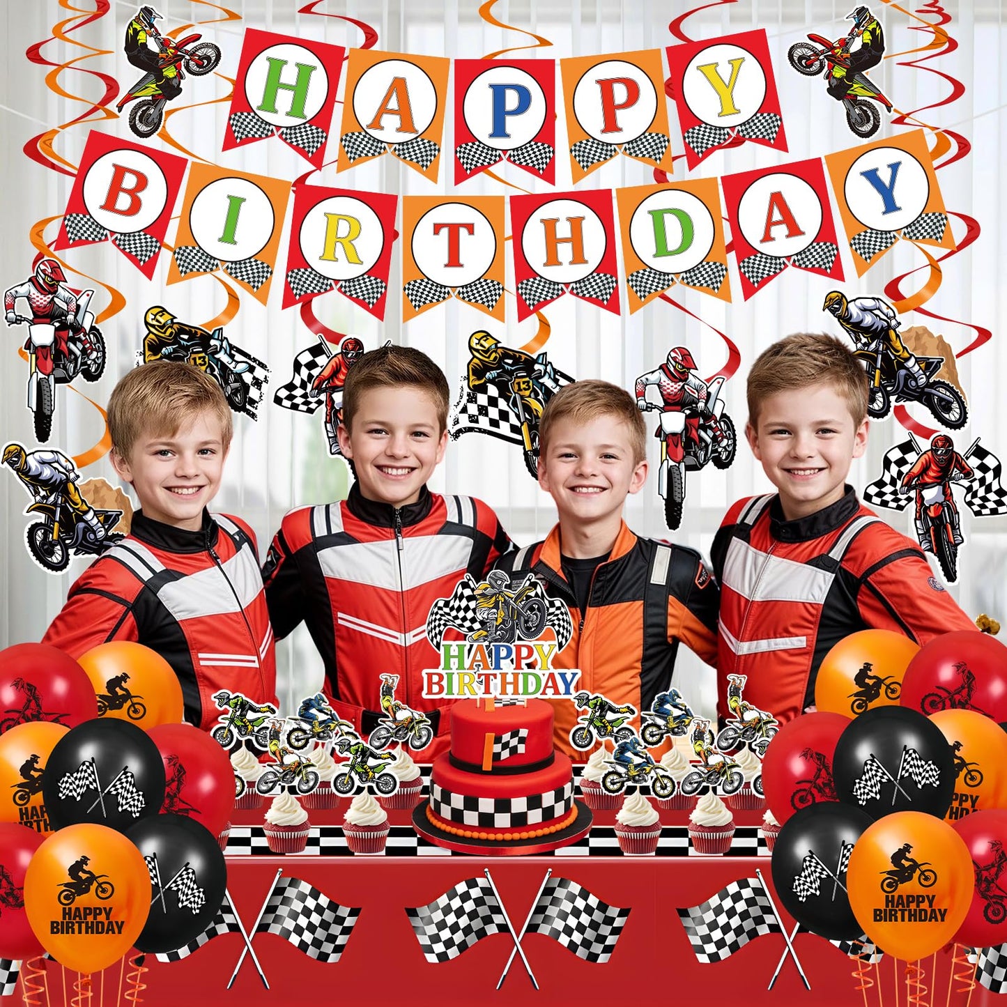 Dirt Bike Party Decorations Kit Motorcycle Theme Happy Birthday Banner Balloons Dirt Bike Hanging Swirls Tablecloth Cake Cupcake Toppers Decor for Boys Men Dirtbike Birthday Party Favors Supplies