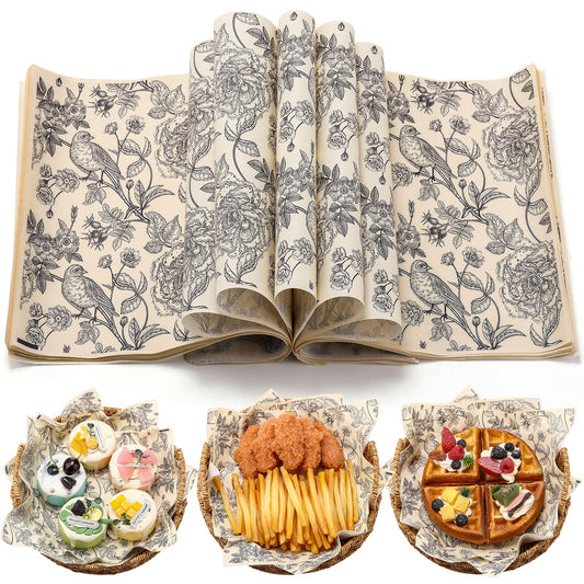 AmazingSpark 150 Pcs Deli Wax Paper Sheets for Food 8 x 10 Inch Greaseproof Waterproof Sandwich Wrapping Paper Basket Liner for Outdoor Picnic Beach Wedding Birthday Baby Shower(Flower Bird)